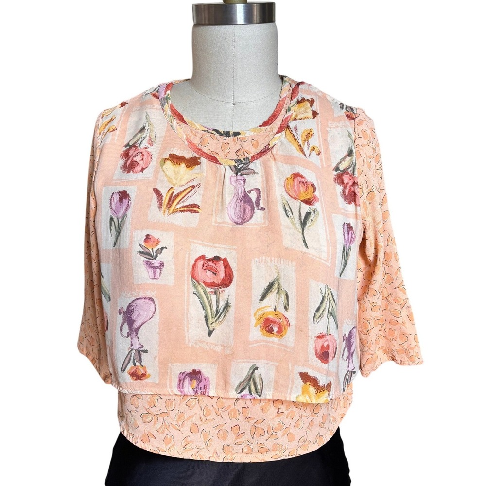 CottageCore Carole Little Blouse Womens 4 Peach Vintage Floral Layered Hem Top